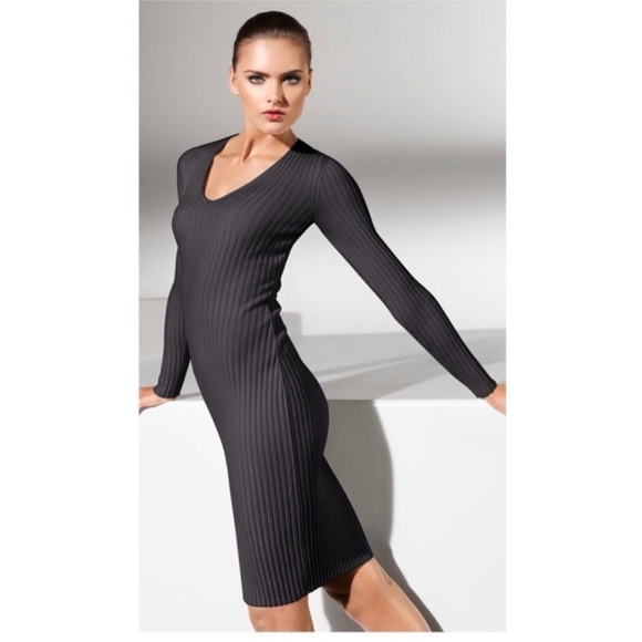 Wolford merino rib v-neck dress in mocha (dark brown) NWT - Picture 1 of 9